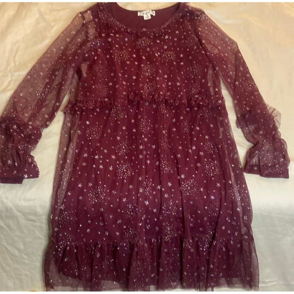 Knitworks Girls Size 16 Glitter Mesh Ruffled Dress Burgundy